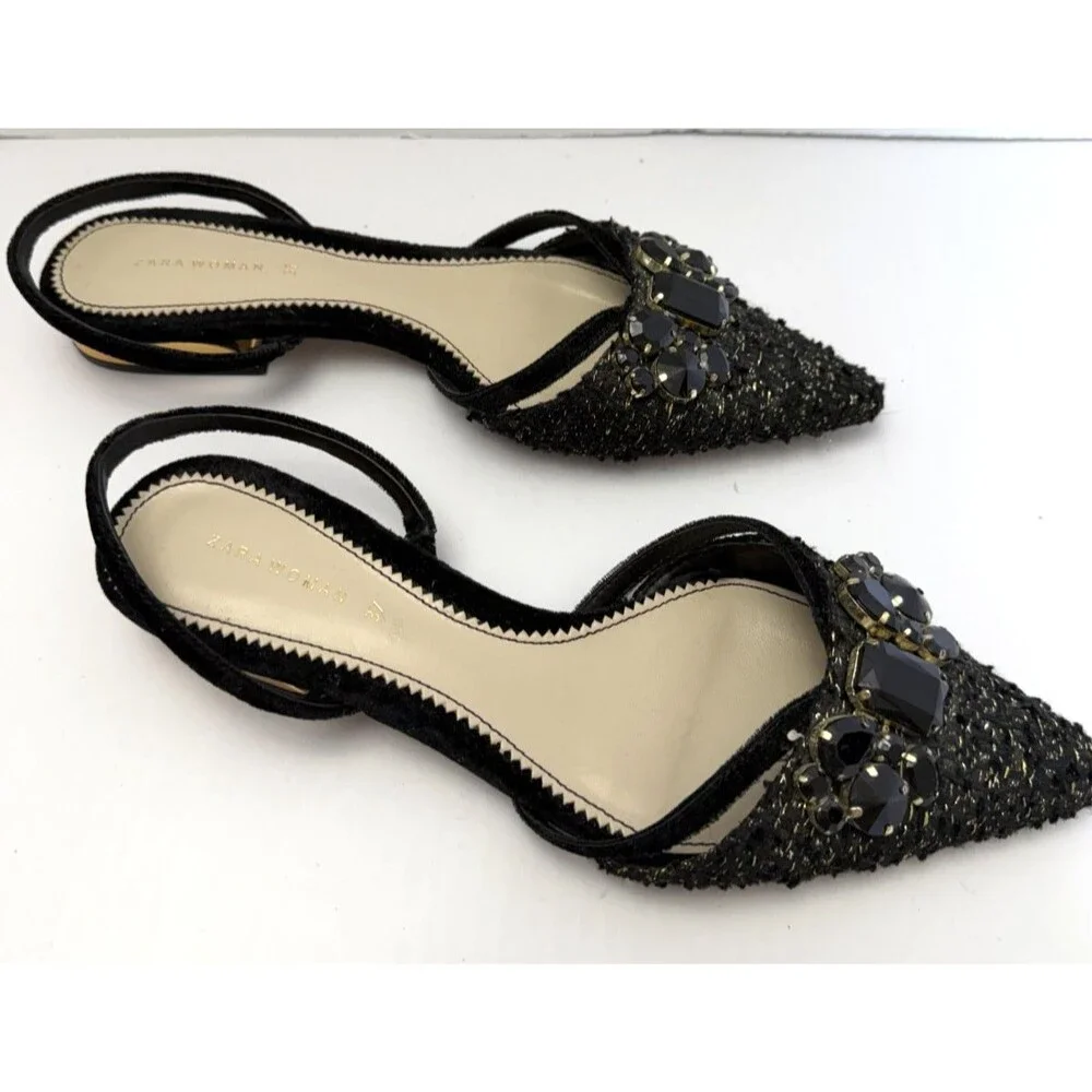 Zara Woman Black Tweed Jeweled Slingback Flats Gold Metallic Heel Sz EU 37/US 7